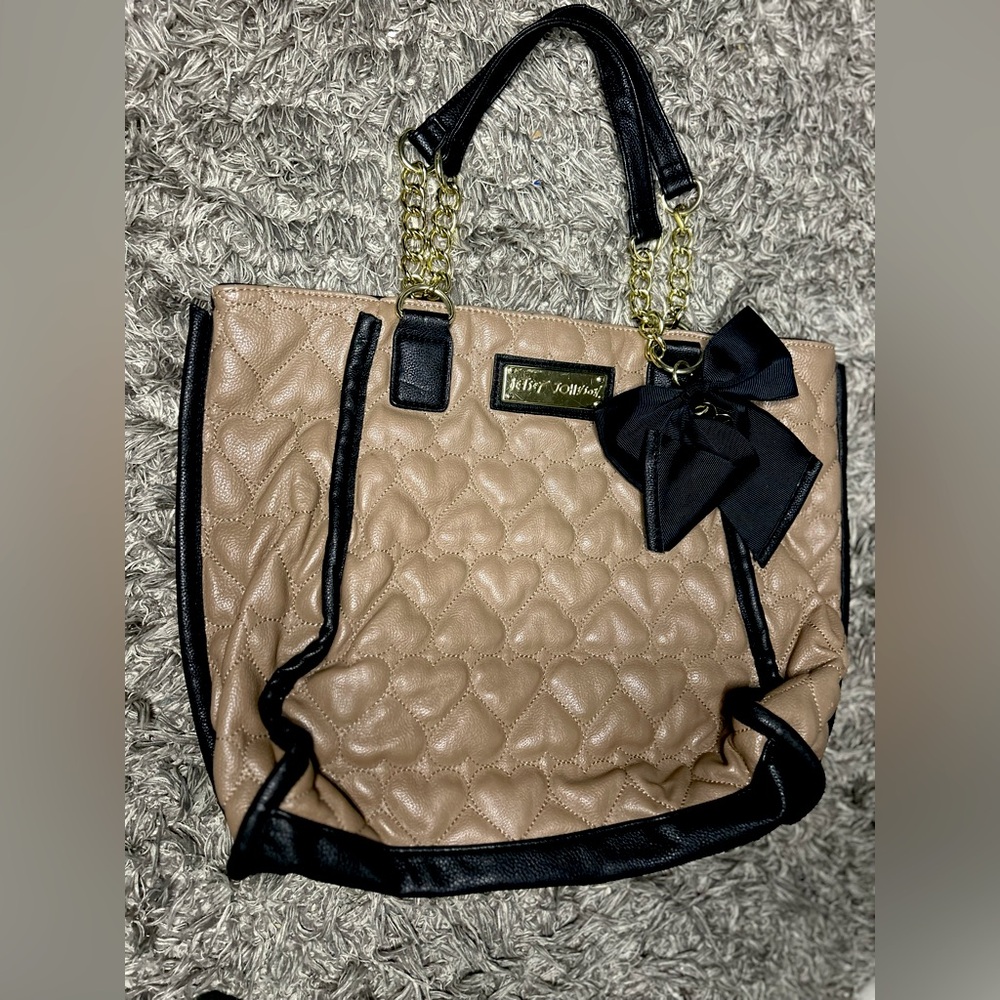 Betsey Johnson Quilted Tan Tote with Black Bow